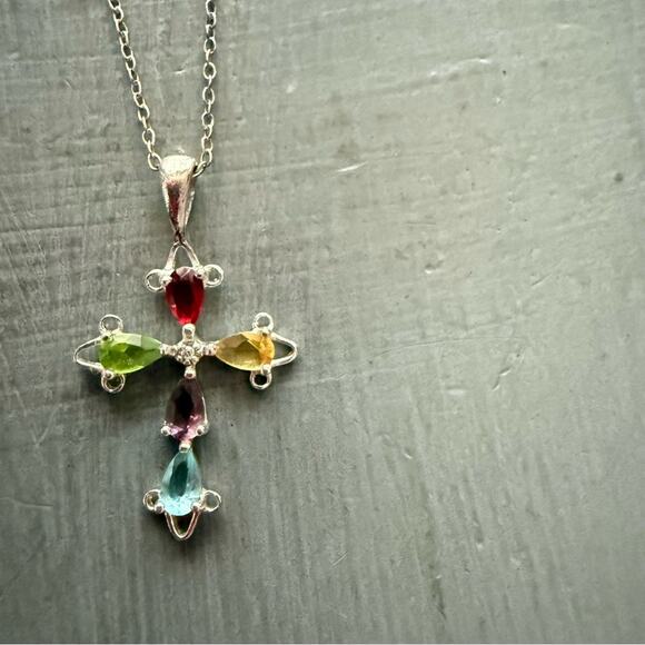 925 Sterling Silver CZ Cross Pendant Necklace - Picture 2 of 8